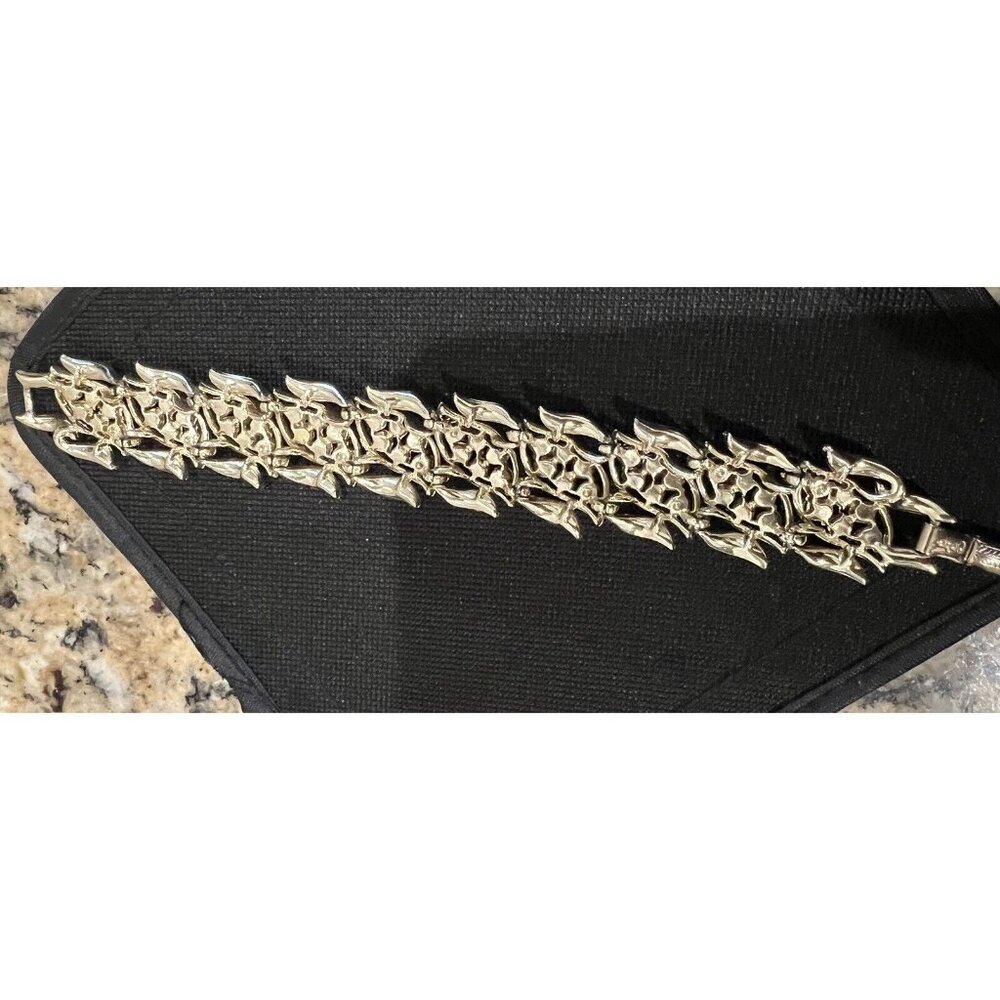 Coro Panel Bracelet Gold Tone Leaves AB Rhinestones Vintage Signed - Picture 4 of 7